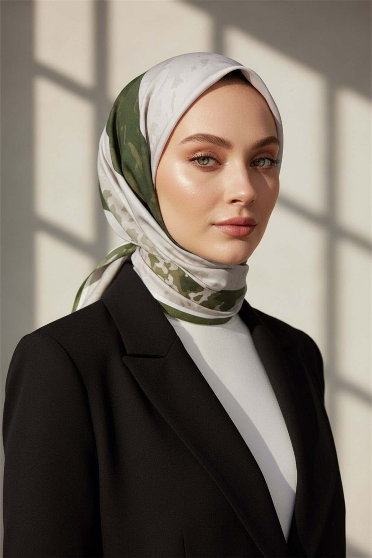 KREP GEOMETRİK DESENLİ BEJ - HAKİ RENKLİ 75X195 KIRIŞMAZ ŞAL