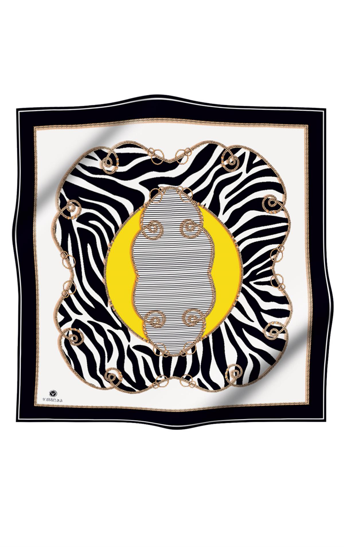 %100 Twill İpek Zincirli Ve Zebra Desenli Siyah - Limon Sarısı Renkli 90x90 Eşarp Dikim Şekli : El Dikişi