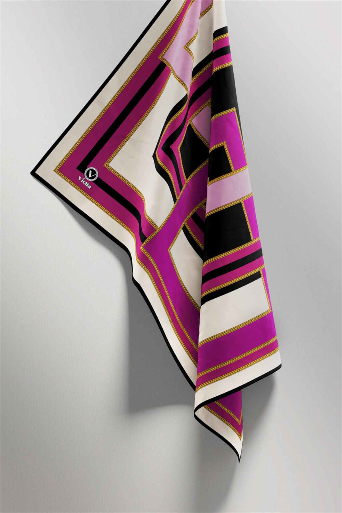 Twill Çerçeve Desenli Mürdüm - Siyah Renkli 90x90 Eşarp (İpek İçermez) Kenar Dikiş Şekli El Dikişli