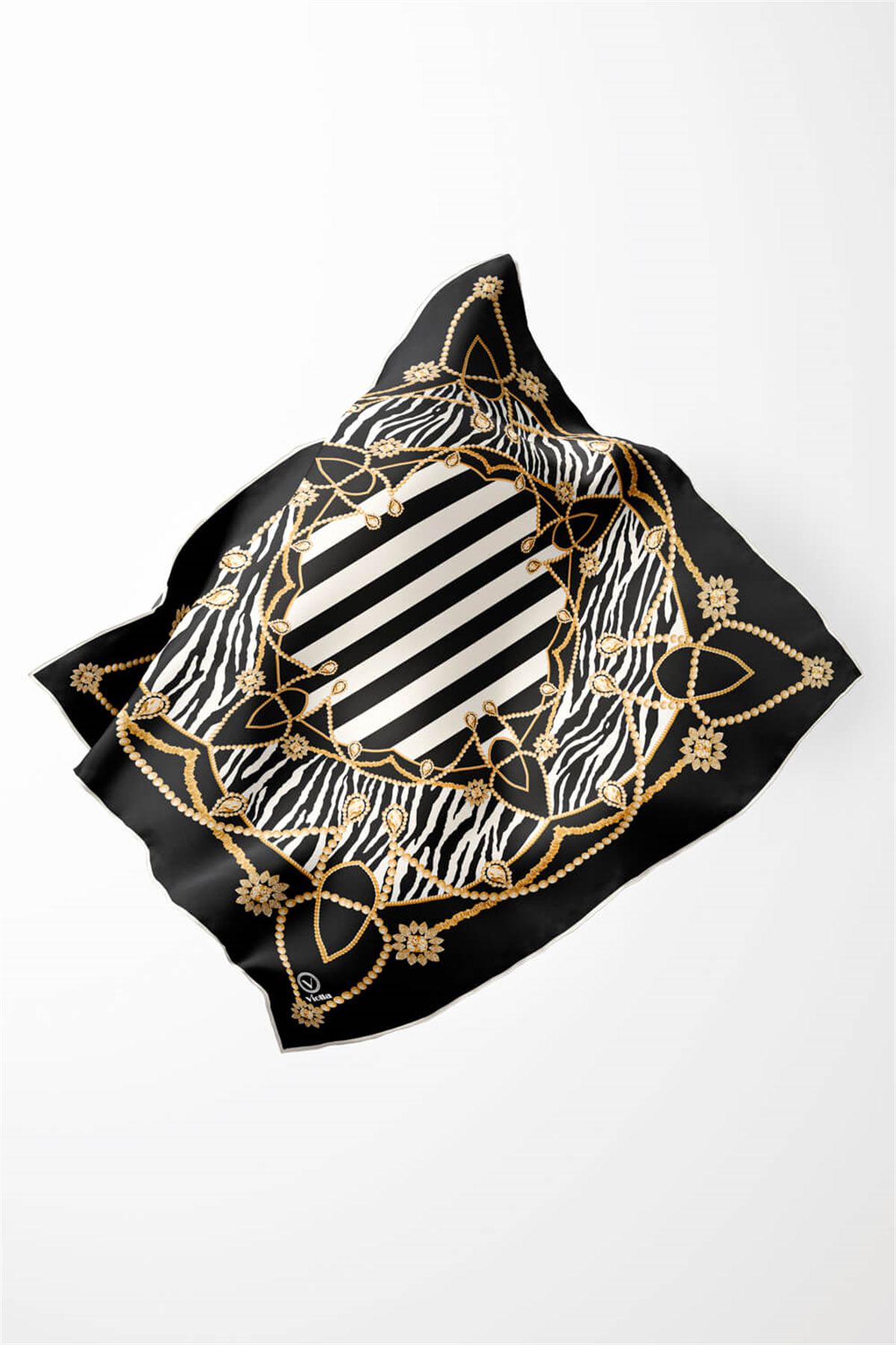 Twill Gold Detaylı Zebra Desenli Siyah Renkli 90x90 Eşarp (İpek İçermez) Kenar Dikiş Şekli El Dikişli