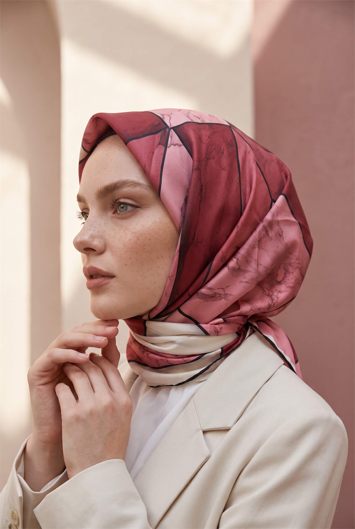 Rayon Mermer Desenli Pudra - Gül Kurusu Renkli 90x90 Eşarp (İpek İçermez) Kenar Dikiş Şekli El Dikişli