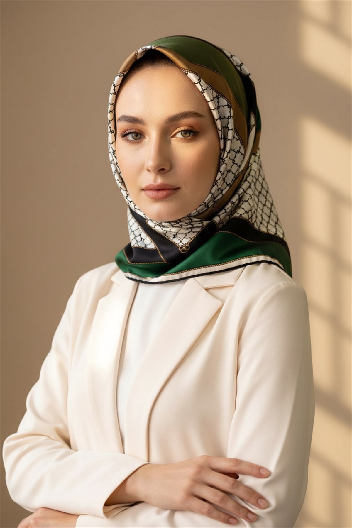 %100 Twill İpek Geometrik Desenli Zümrüt Yeşili - Siyah Renkli 90x90 Eşarp Dikim Şekli : El Dikişi