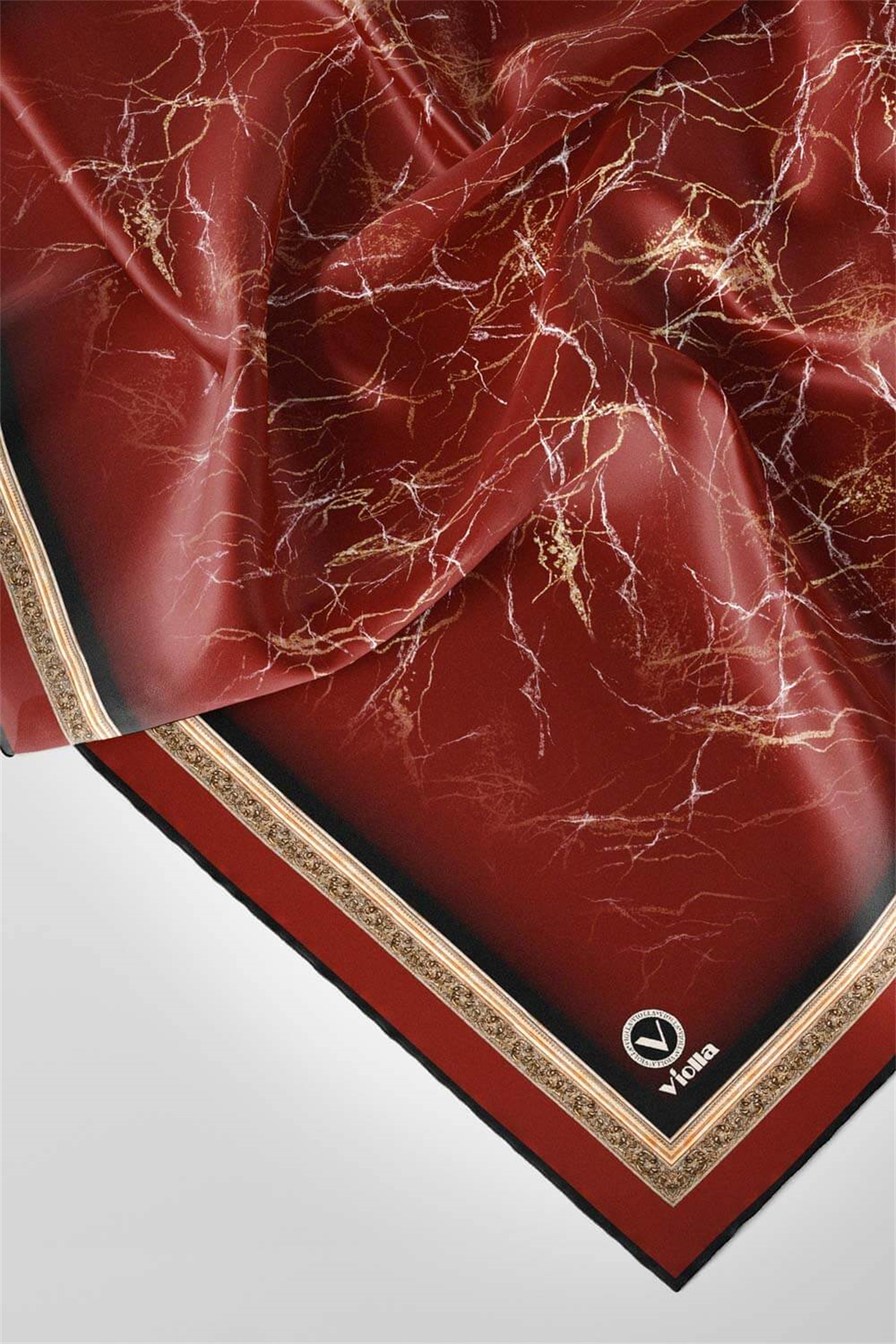 Twill Barok Çerçeveli Mermer Desenli Bordo Renkli 90x90 Eşarp (İpek İçermez) Kenar Dikiş Şekli El Dikişli