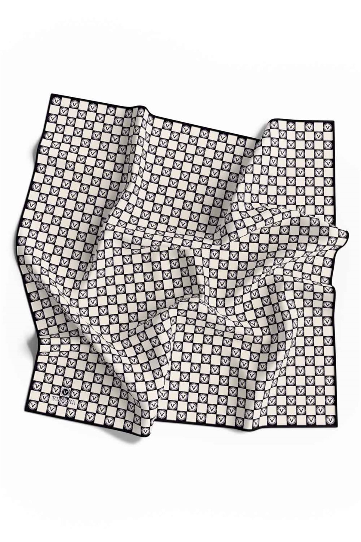 % 57 İPEK % 43 VİSKON Twill İpek Monogram Desenli Siyah - Krem Renkli 90x90 Eşarp Dikim Şekli : El Dikişi