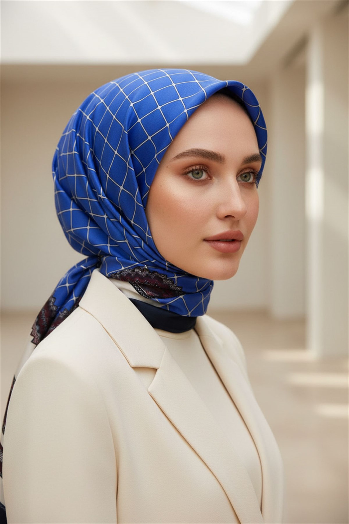 %100 Saf İpek Şal İnce Saten Vual Dokuma Etnik Desenli Saks - Lacivert Renkli 90x210 Şal