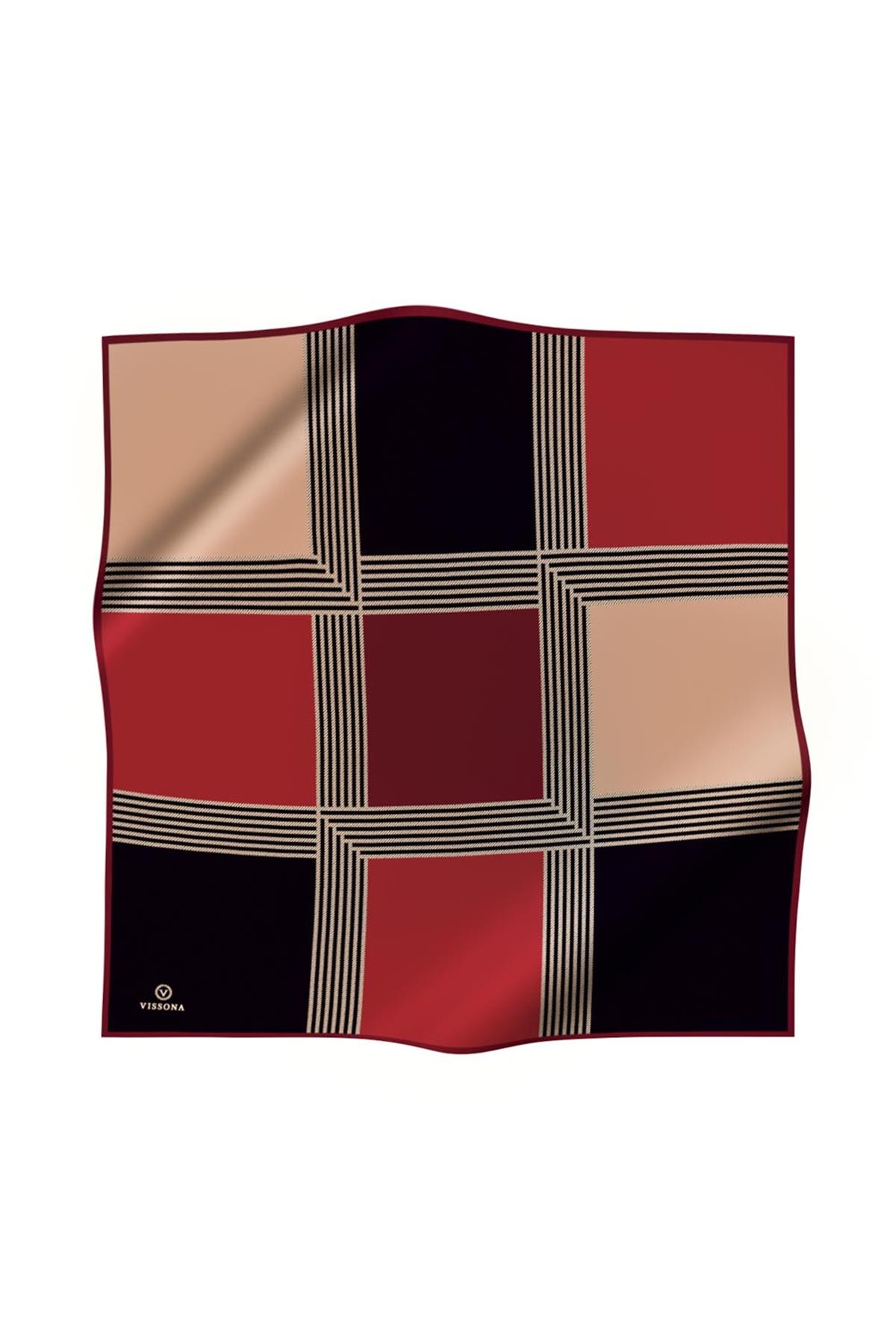 %100 Twill İpek Geometrik Desenli Bordo Renkli 90x90 Eşarp Dikim Şekli : El Dikişi