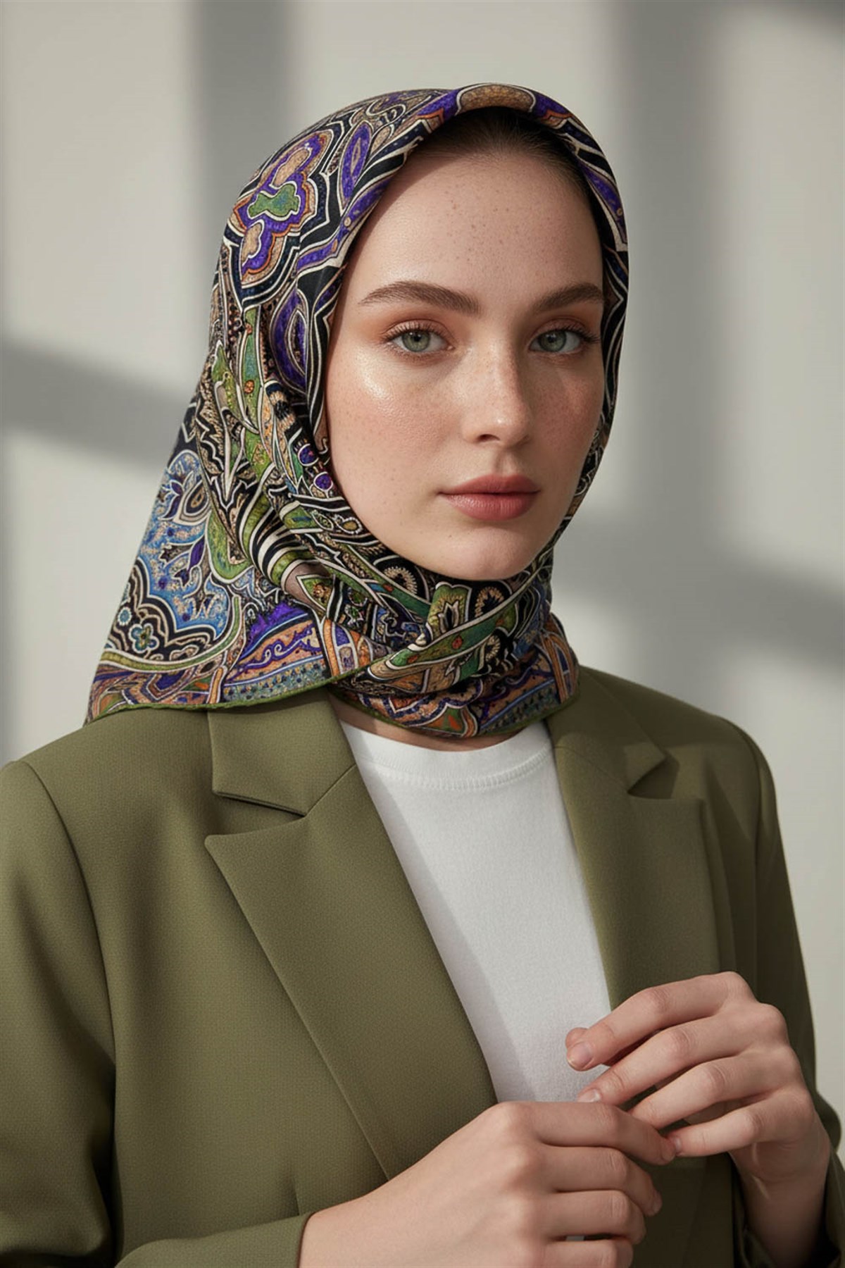 100% Twill İpek Etnik Desenli Haki Renkli 90x90 Dikim Şekli : El Dikişi Eşarp