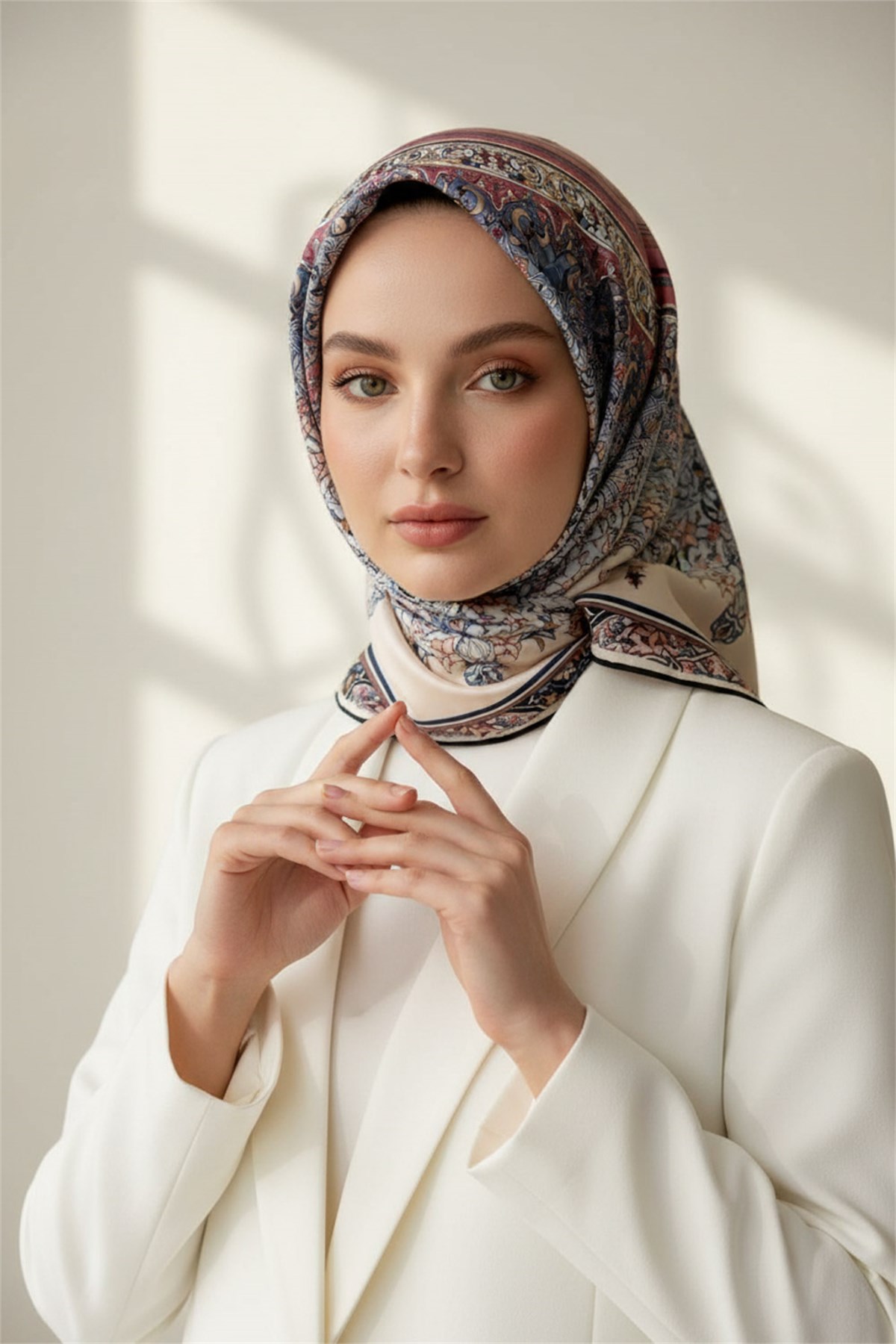 %100 Twill İpek Şal Desenli Pudra Renkli 90x90 Eşarp Dikim Şekli : El Dikişi