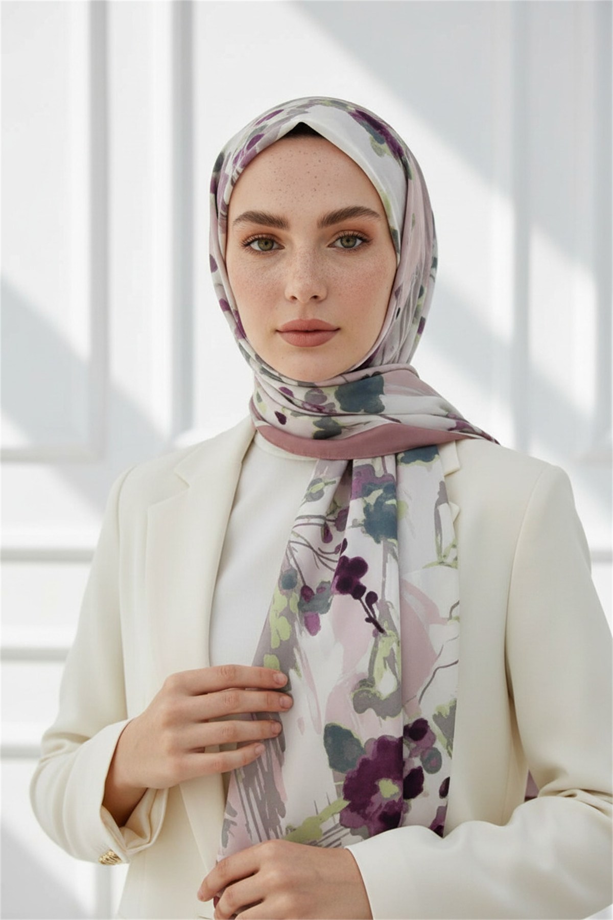KREP BAHAR DALI DESENLİ PUDRA RENKLİ 75X195 KIRIŞMAZ ŞAL