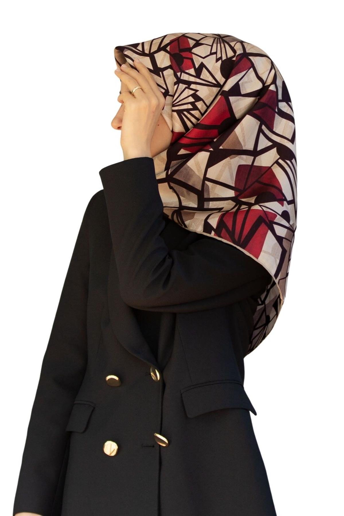 %100 Twill Renkli Petek Desenli Bej - Kırmızı Renkli 90x90 Eşarp Dikim Şekli: El Dikişii