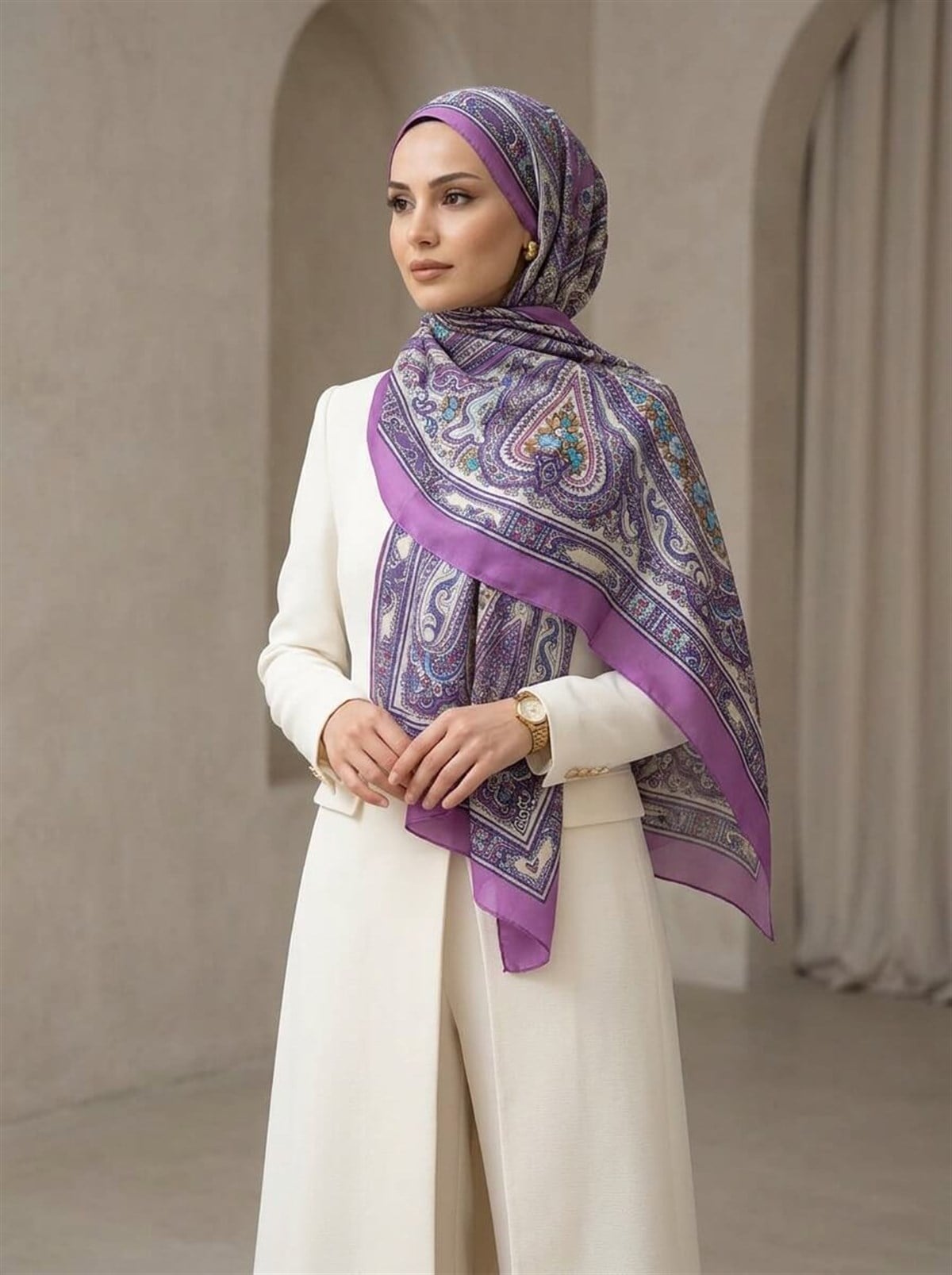 %100 İpek Etro Desenli Fuşya Renkli 92x210 Şal