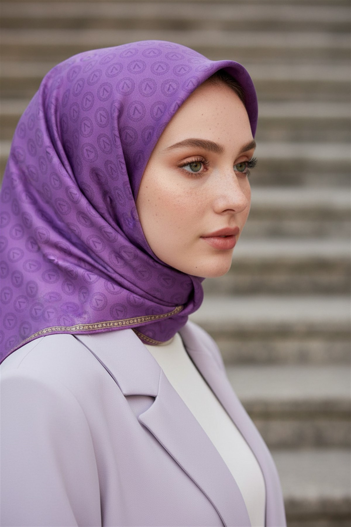 %100 Twill İpek Monogram Desenli Mor Renkli 90x90 Eşarp Dikim Şekli : El Dikişi