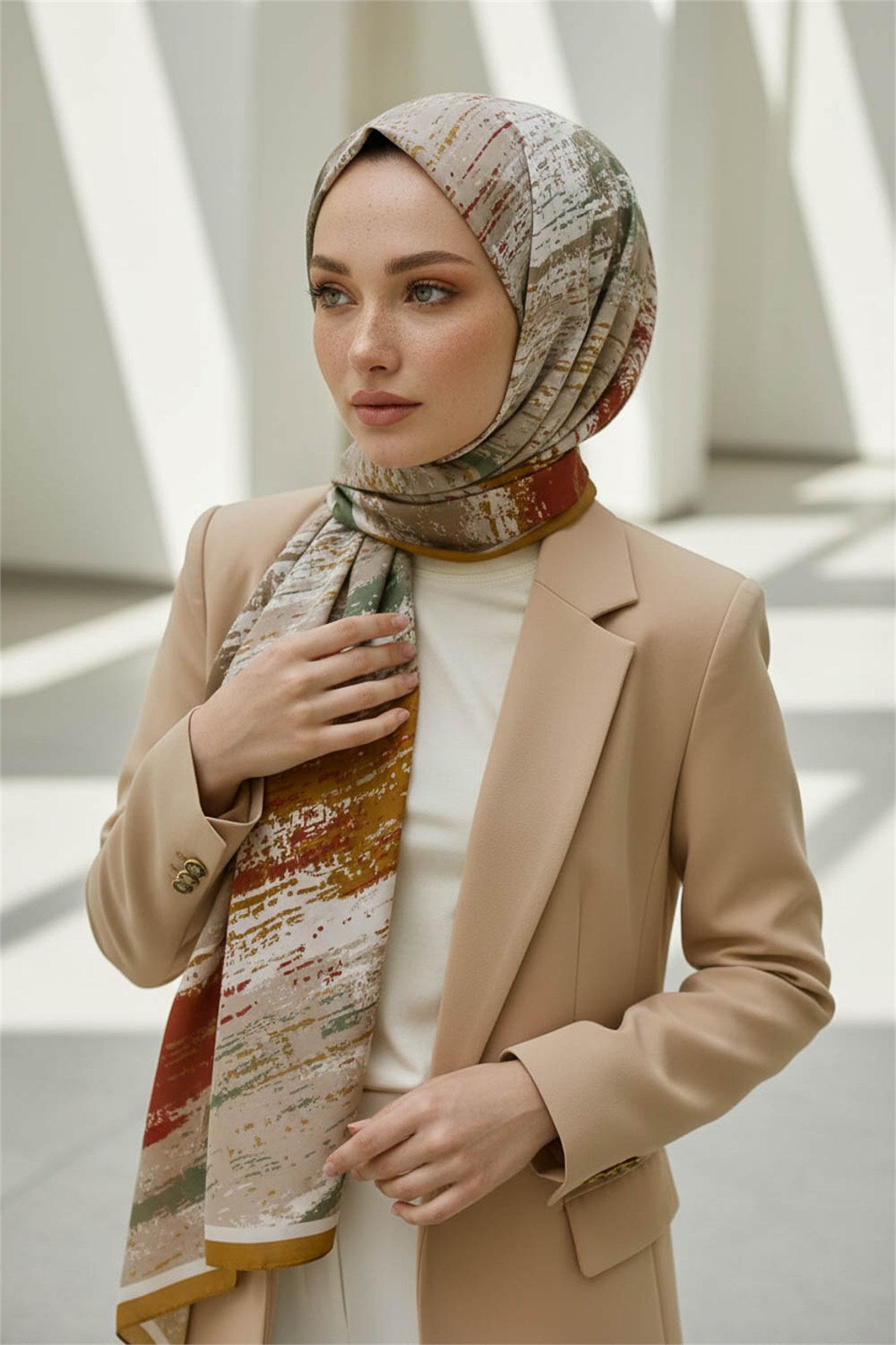 KREP FIRÇA DESENLİ HARDAL RENKLİ 75X195 KIRIŞMAZ ŞAL