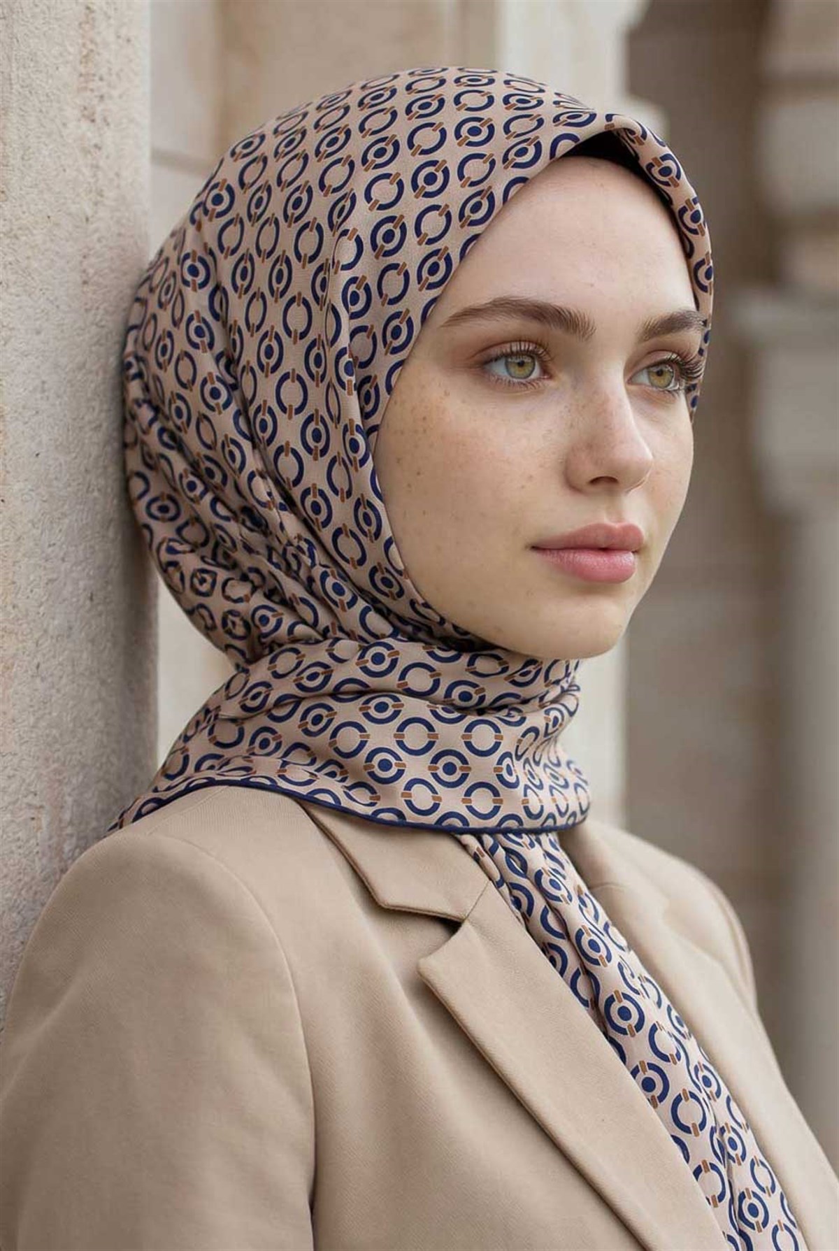 %100 Twill İpek Zincir Desenli Bej - Lacivert Renkli 90x90 Eşarp Kenar Dikiş Şekli El Dikişli
