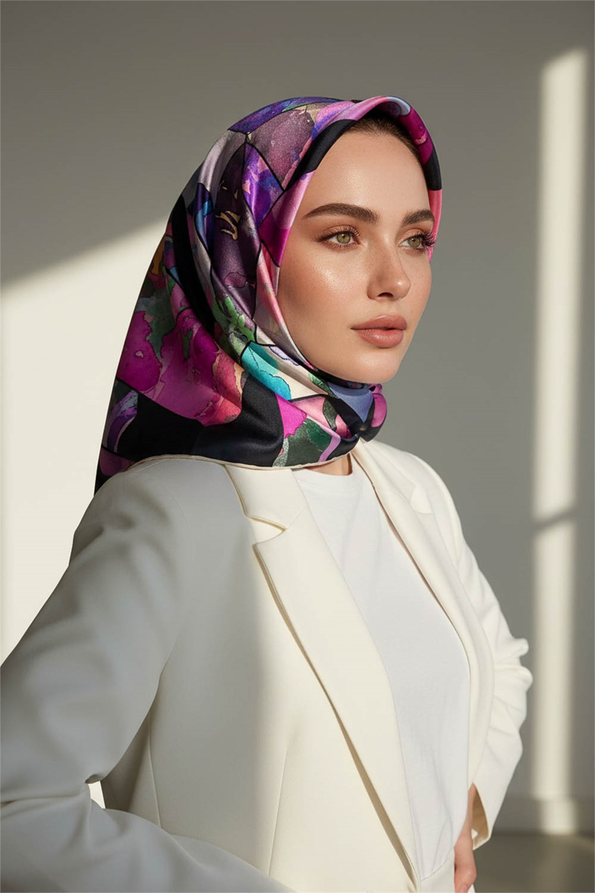 %100 Twill İpek Bahar Çiçekleri Desenli Lacivert - Fuşya Renkli 90x90 Eşarp Kenar Dikiş Şekli El Dikişli