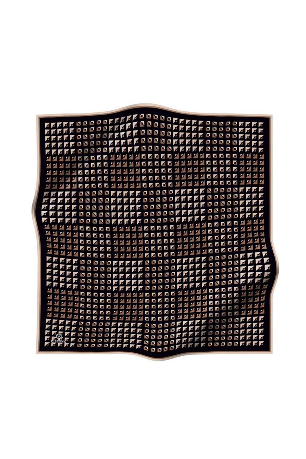 %100 Twill İpek Geometrik Desenli Sütlü Kahve - Bej Renkli 90x90 Eşarp Dikim Şekli : El Dikişi