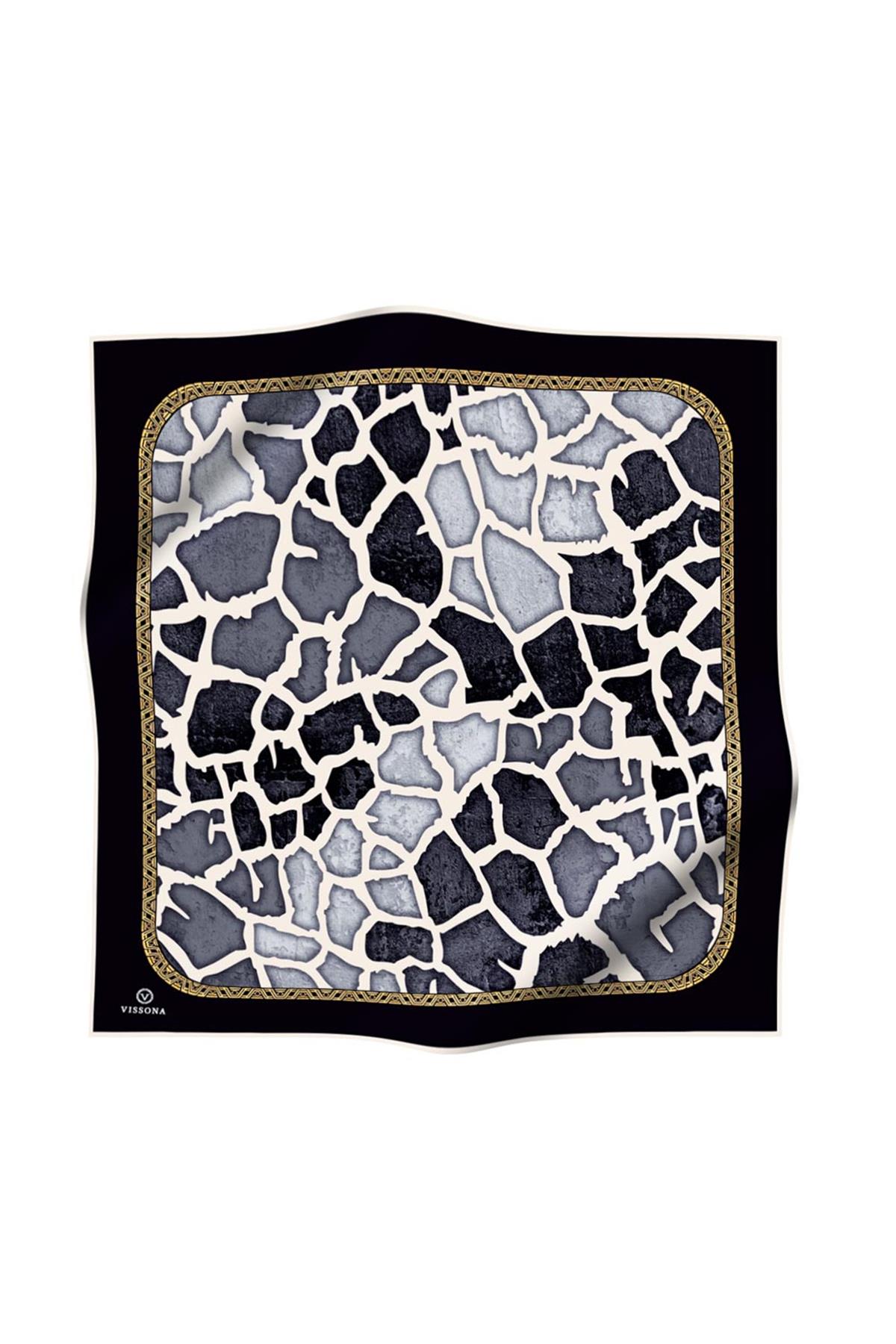 %100 Twill İpek Zürafa Desenli Siyah - Gri Renkli 90x90 Eşarp Dikim Şekli : El Dikişi