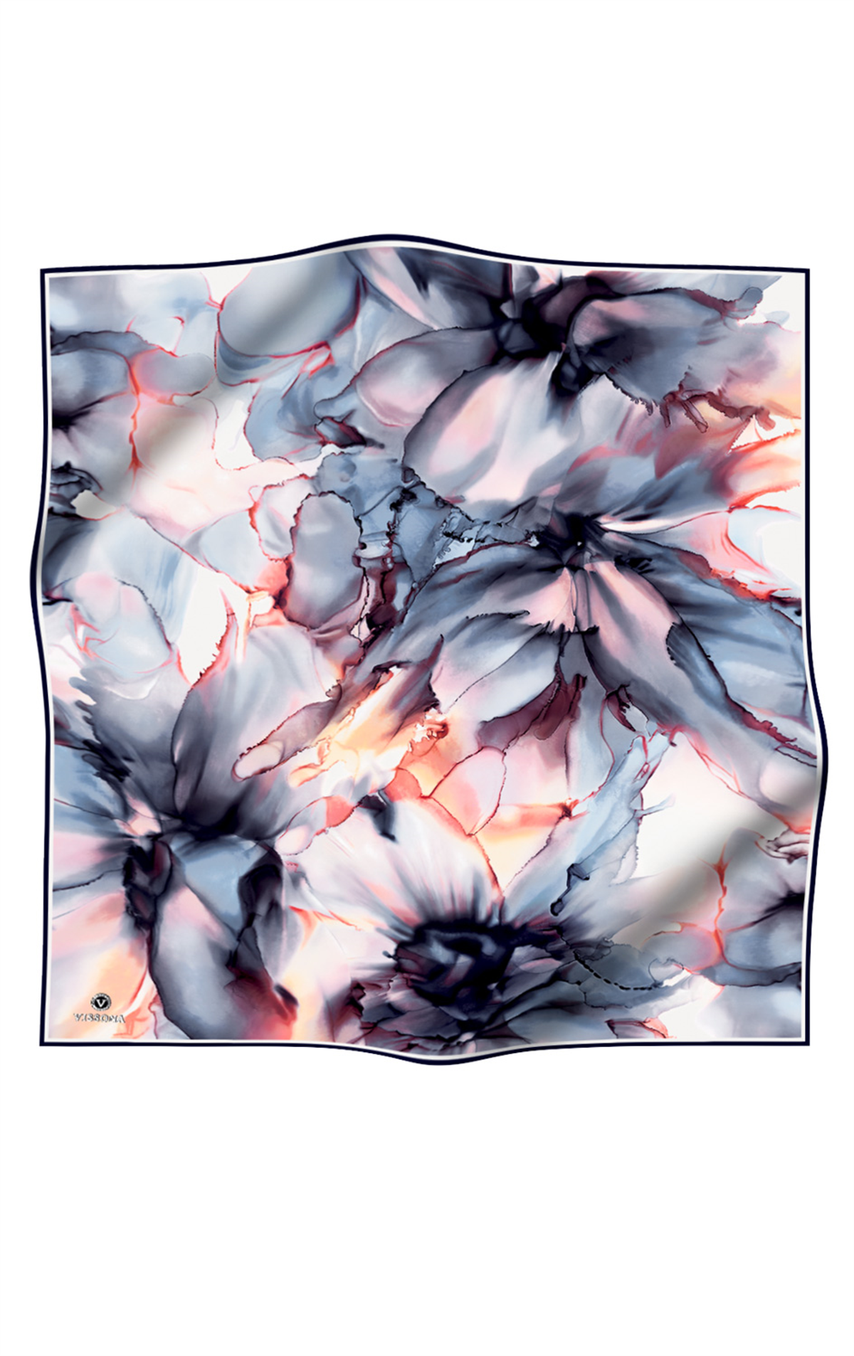 % 57 İPEK % 43 VİSKON Twill İpek Batik Çiçek Desenli İndigo - Bakır Renkli 90x90 Eşarp Kenar Dikiş Şekli El Dikişli