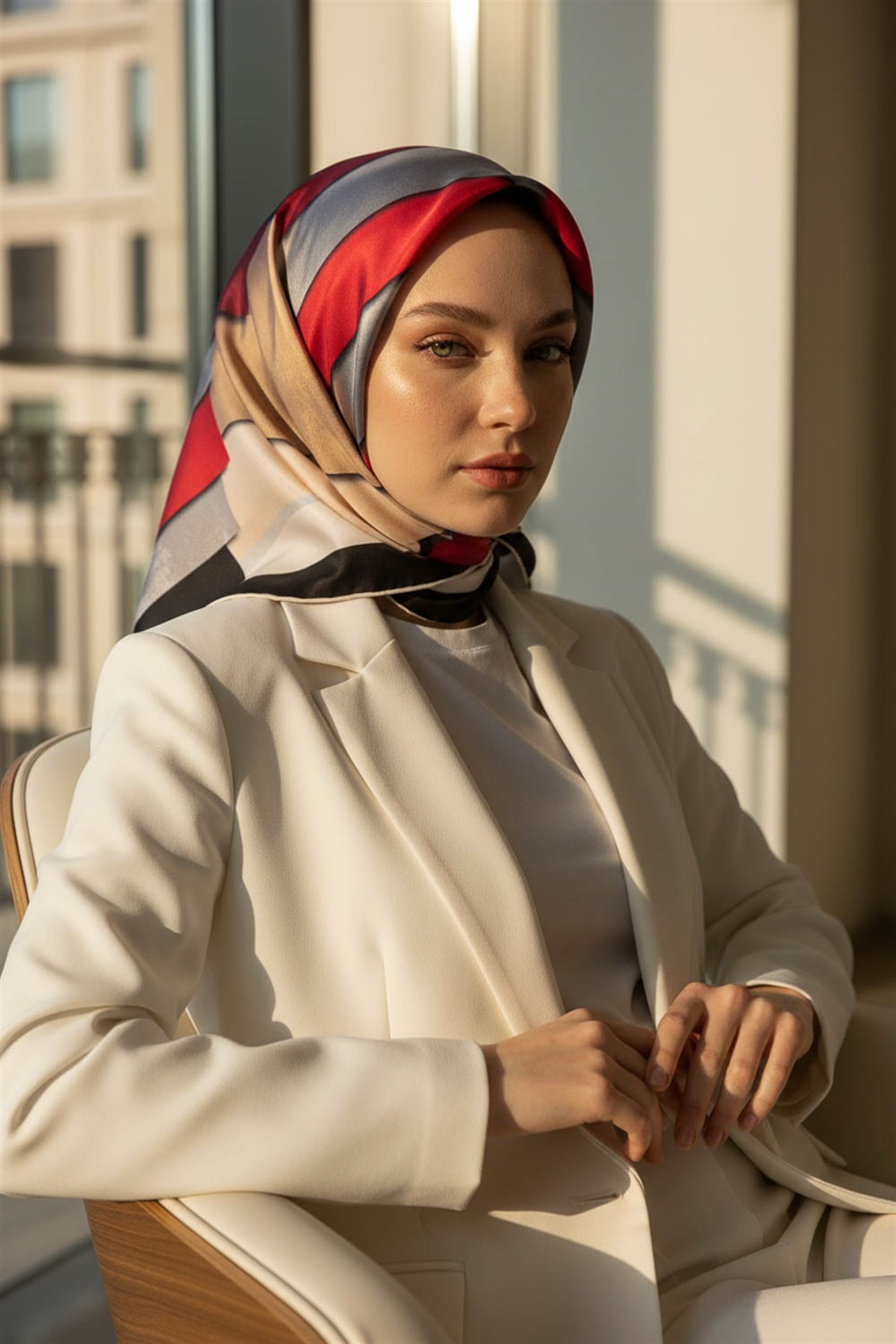 % 57 İPEK % 43 VİSKON Twill Geometrik Bulut  Desenli Kırmızı Bej  Renkli 90x90 Eşarp Dikim Şekli: El Dikişi