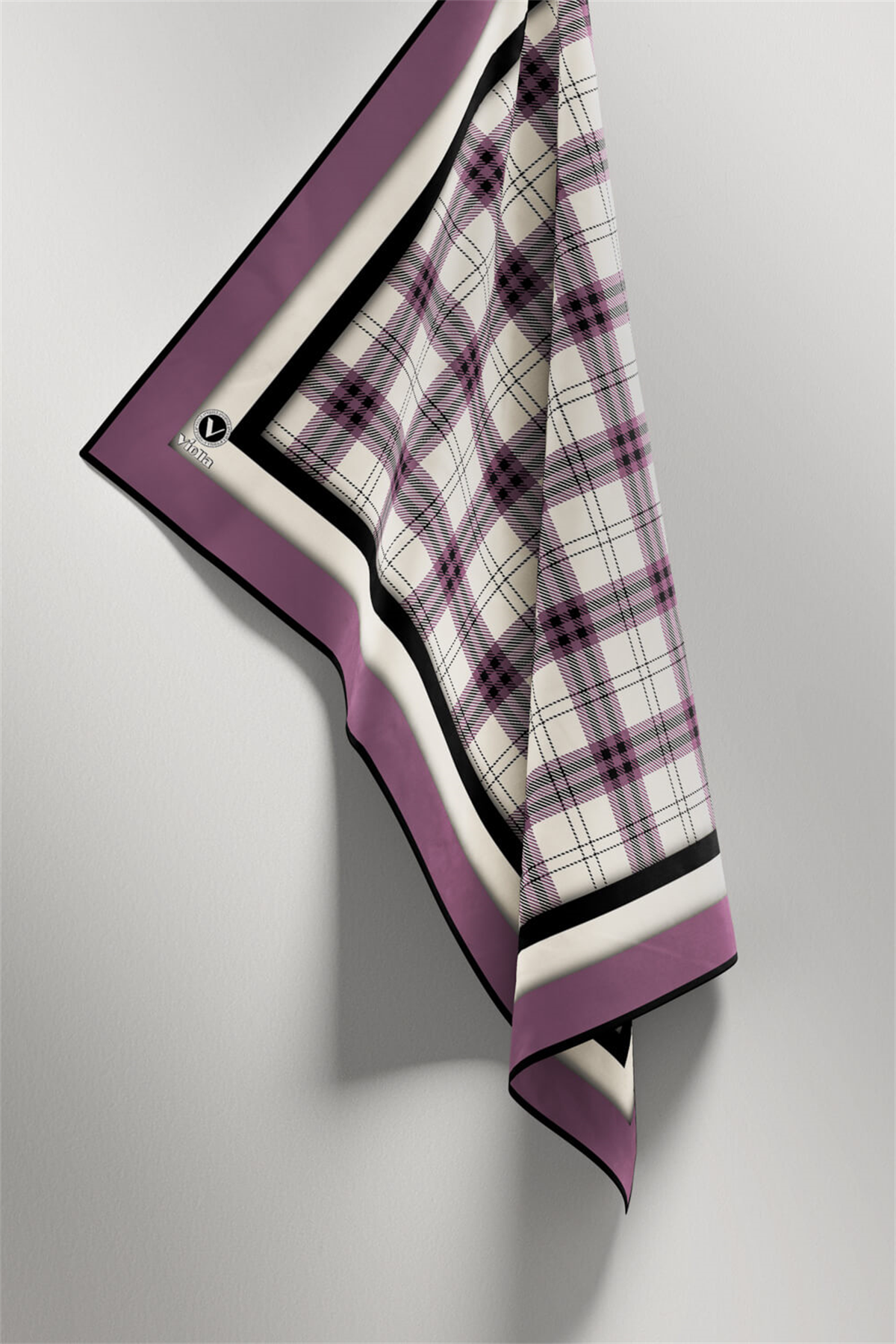 Twill Ekose Desenli Lila Renkli 90x90 Eşarp (İpek İçermez) Kenar Dikiş Şekli El Dikişli