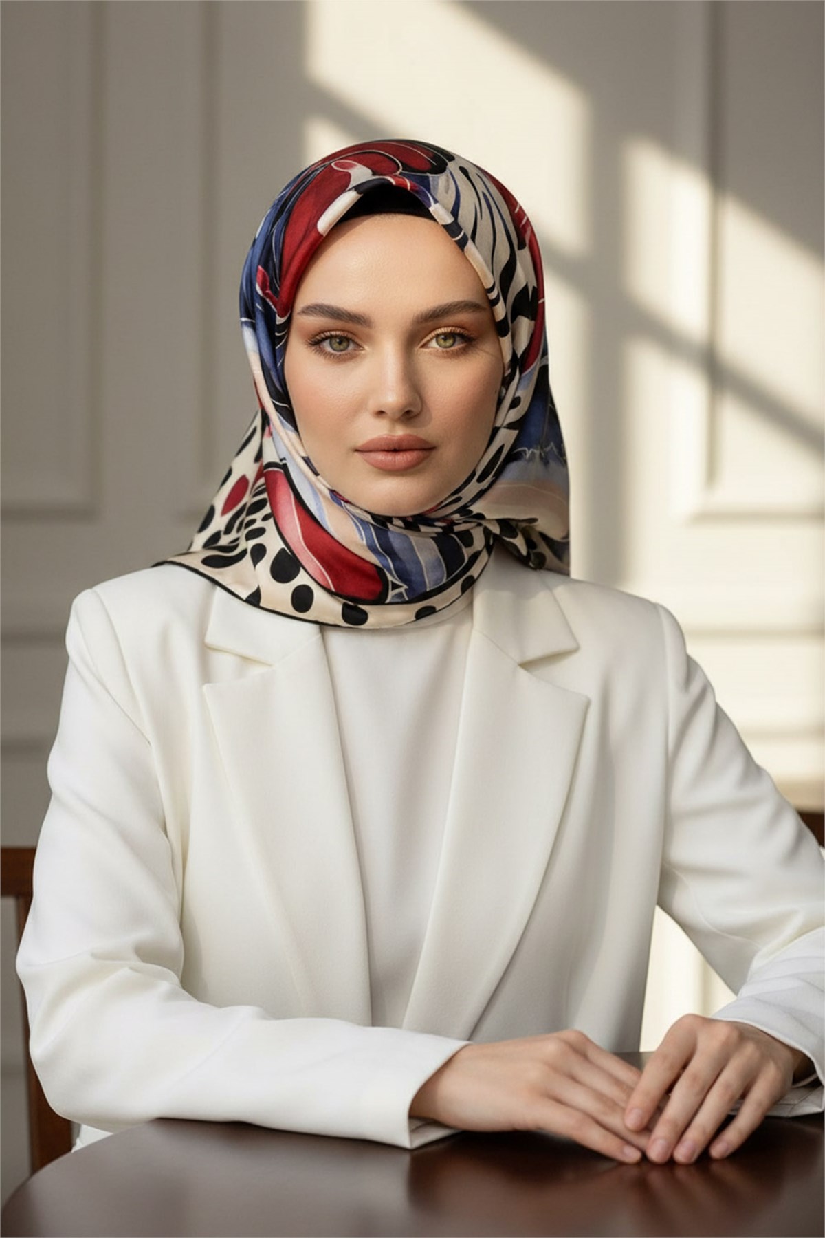 %100 Twill İpek Amazon Desenli Kırmızı- İndigo Renkli 90x90 Eşarp Kenar Dikiş Şekli El Dikişli