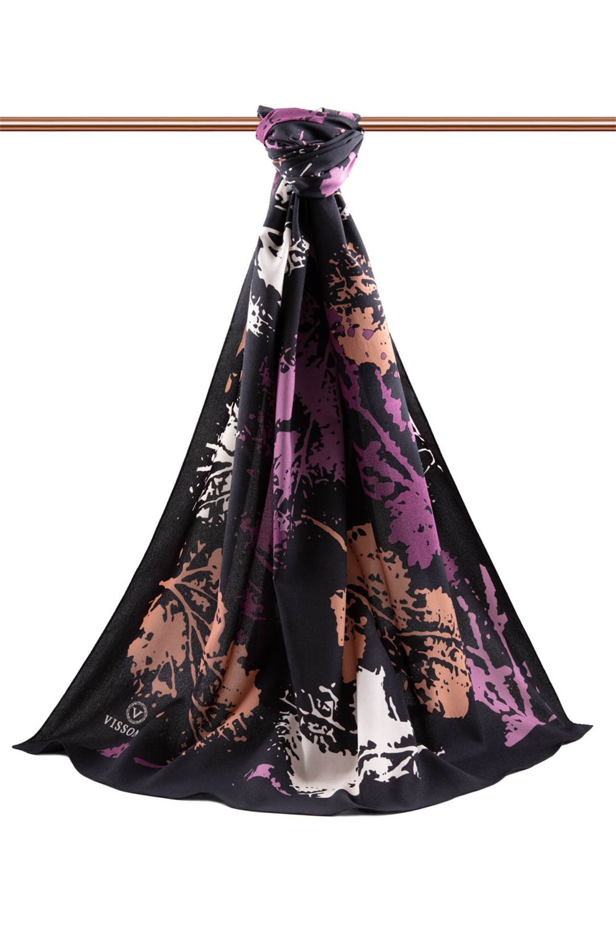 LÜKS MEDİNE İPEĞİ SONBAHAR YAPRAKLARI DESENLİ MÜRDÜM RENKLİ 75X195 KIRIŞMAZ ŞAL MOSS KREP DİKİŞ TİPİ İTALYAN DİKİŞLİ