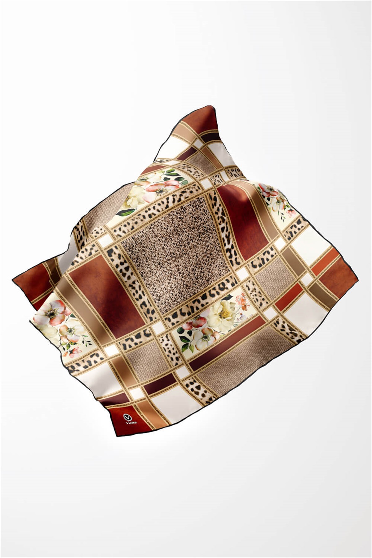 Twill Leopar ve Çiçek Desenli Taba - Bej Renkli 90x90 Eşarp (İpek İçermez) Dikim Şekli : El Dikişi