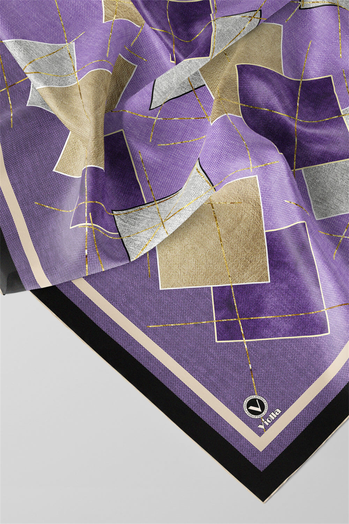 Twill Geometrik Desenli Lila Renkli 90x90 Eşarp (İpek İçermez) Kenar Dikiş Şekli El Dikişli