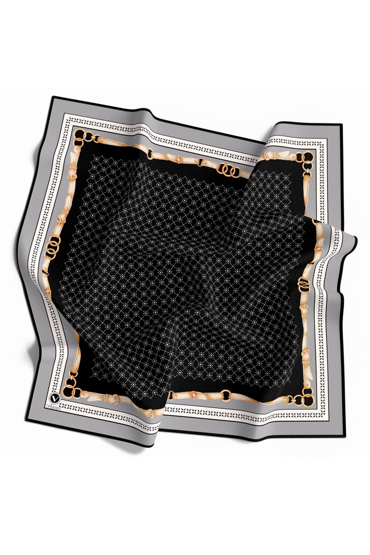 Twill Kemerli ve Çıtır Motifli Desenli Gri Renkli 90x90 Eşarp (İpek İçermez) Dikim Şekli : El Dikişi