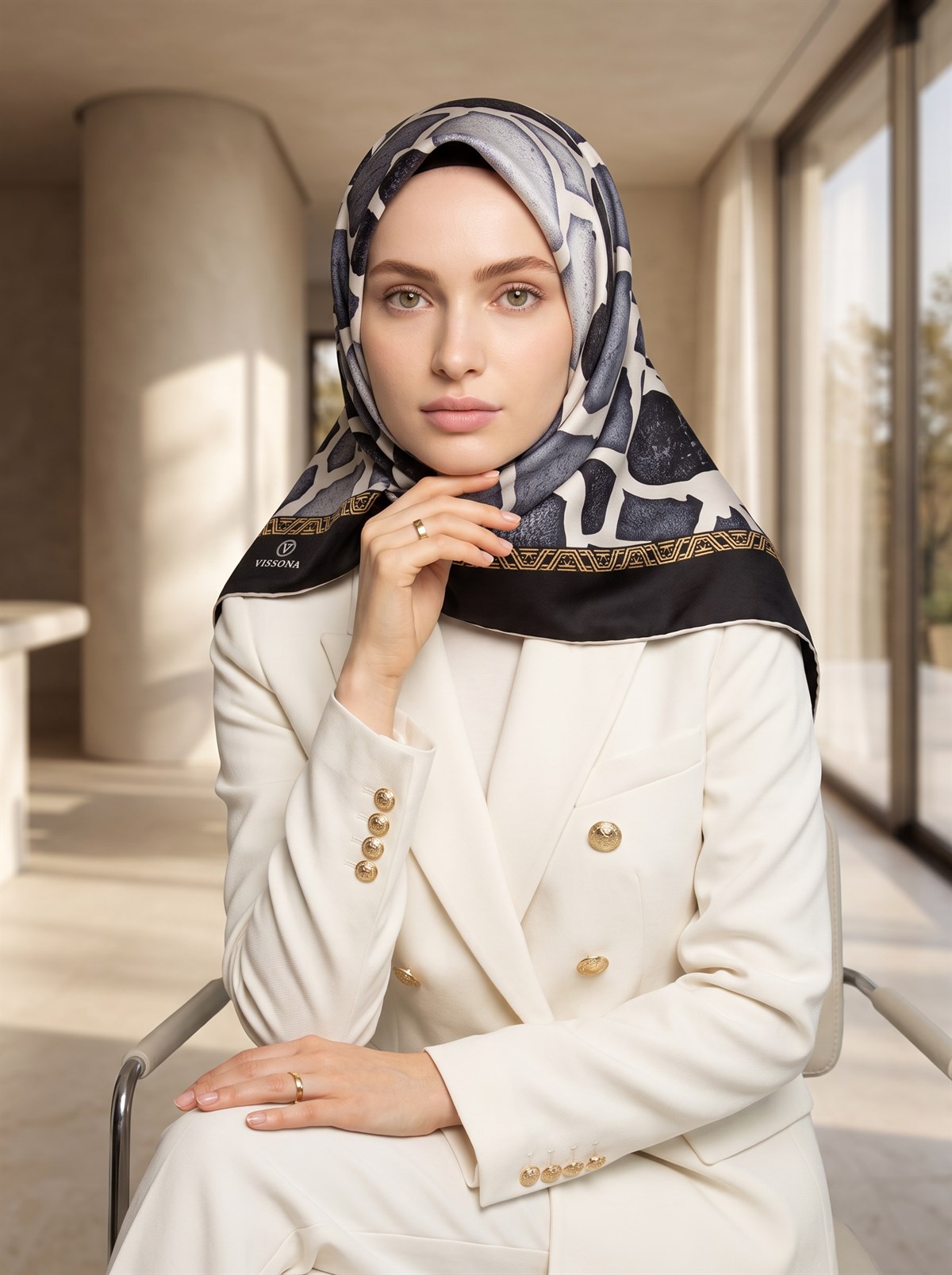 %100 Twill İpek Zürafa Desenli Siyah - Gri Renkli 90x90 Eşarp Dikim Şekli : El Dikişi