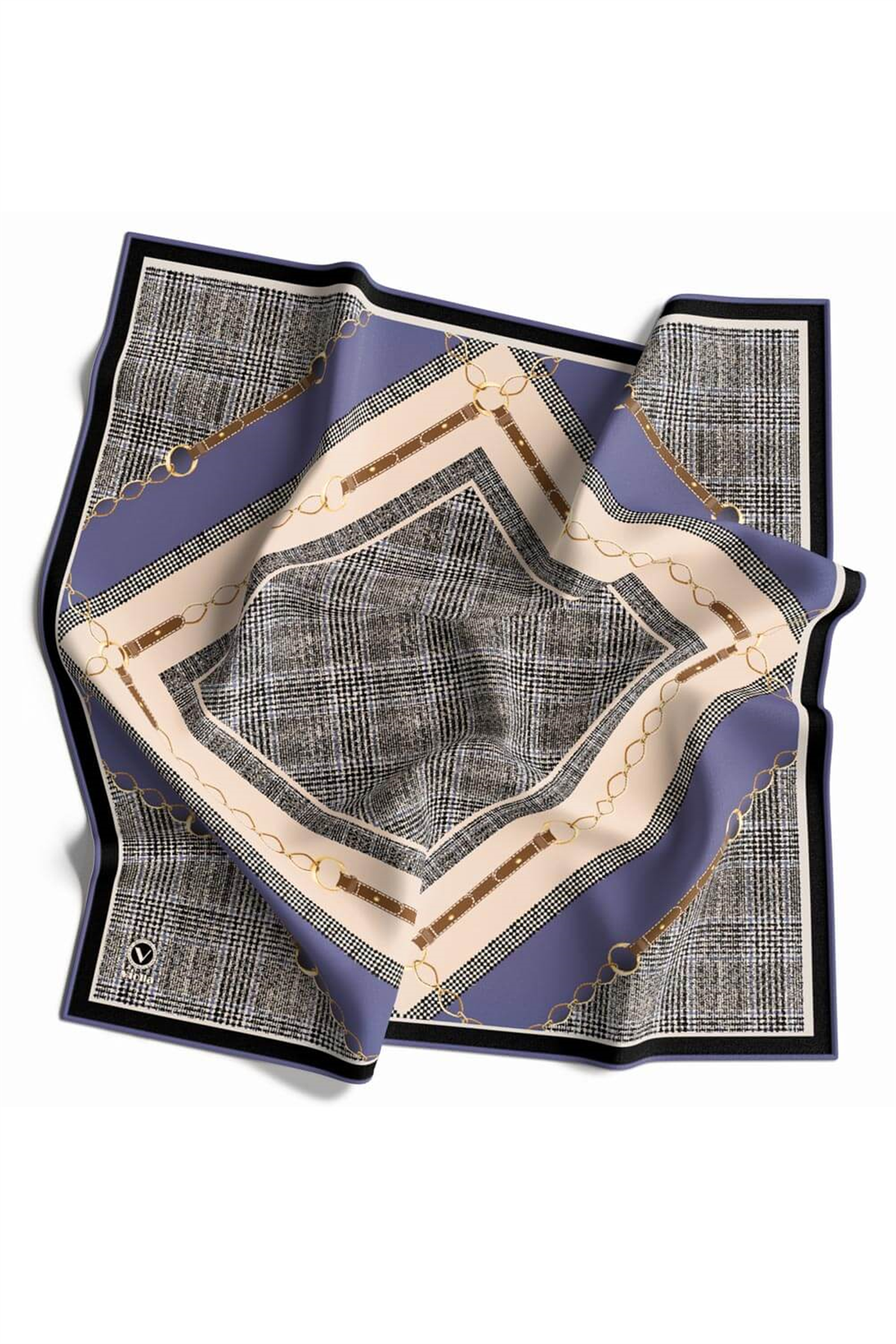 Twill Kemer ve Zincir Detaylı Ekose Desenli İndigo Renkli 90x90 Eşarp (İpek İçermez) Kenar Dikiş Şekli El Dikişli