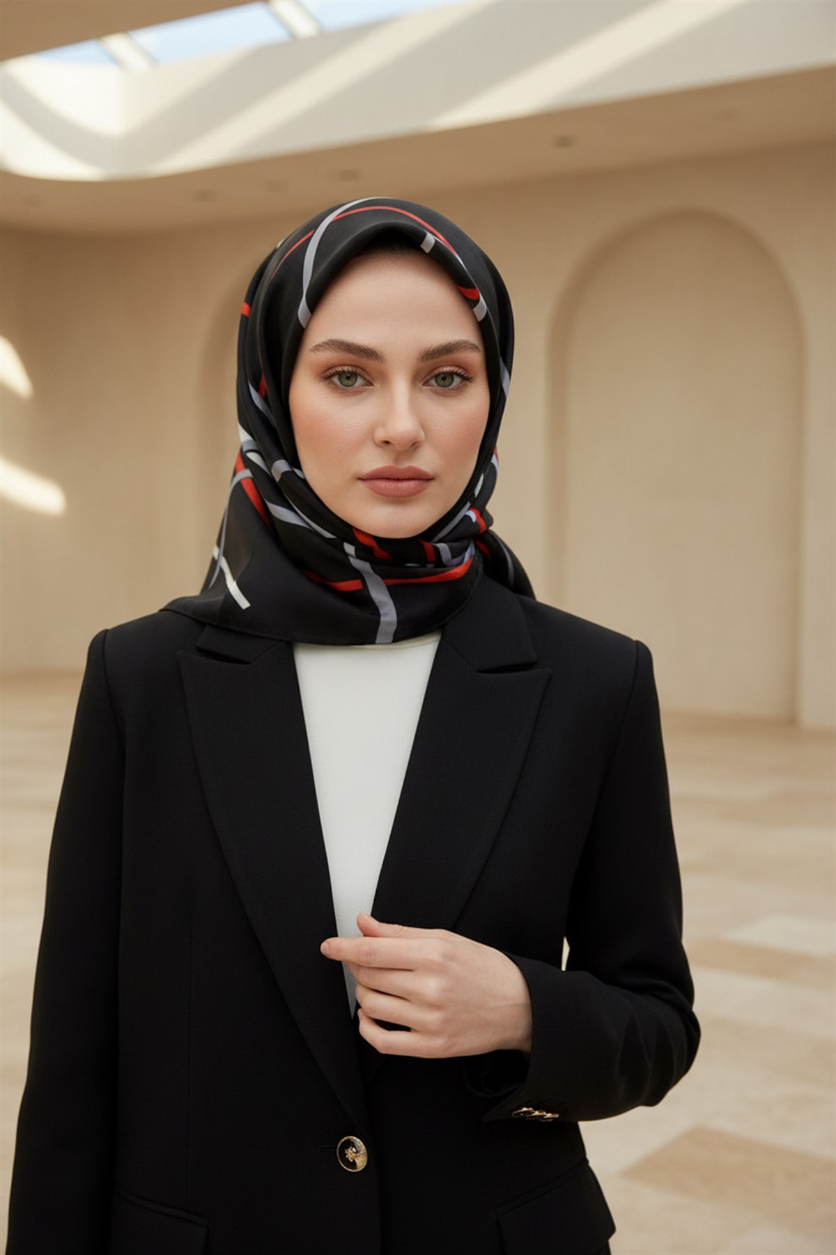 %57 İPEK %43 VİSKON Twill İpek Çizgili Desenli Siyah - Kırmızı Renkli 90x90 Eşarp Dikim Şekli : El Dikişi