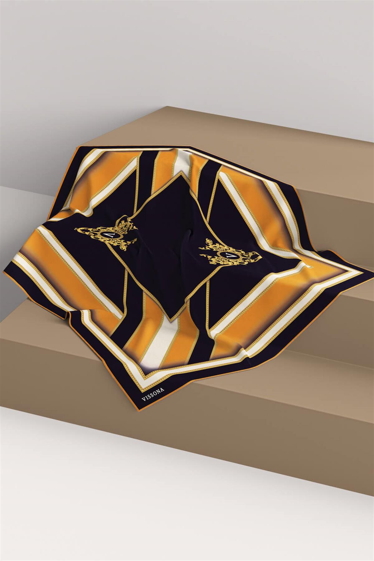 %100 Twill İpek Baroklu Ve Geometrik Desenli Hardal - Siyah  Renkli 90x90 Eşarp Dikim Şekli : El Dikişi