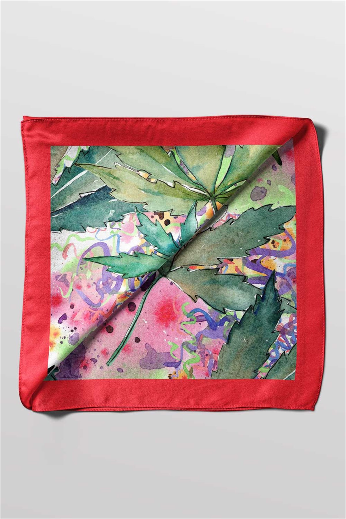 A74 Kadın Yaprak Desenli Bandana 50x50 Yeşil Pembe DG0455-22