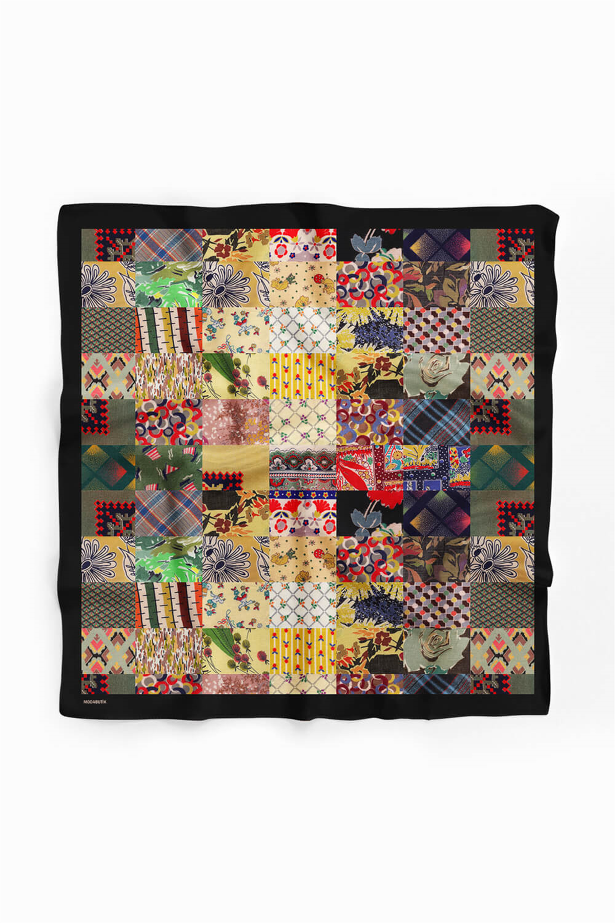 D99 Kadın Patchwork Desenli Bandana 50x50 Yeşil Sarı DG0259-22