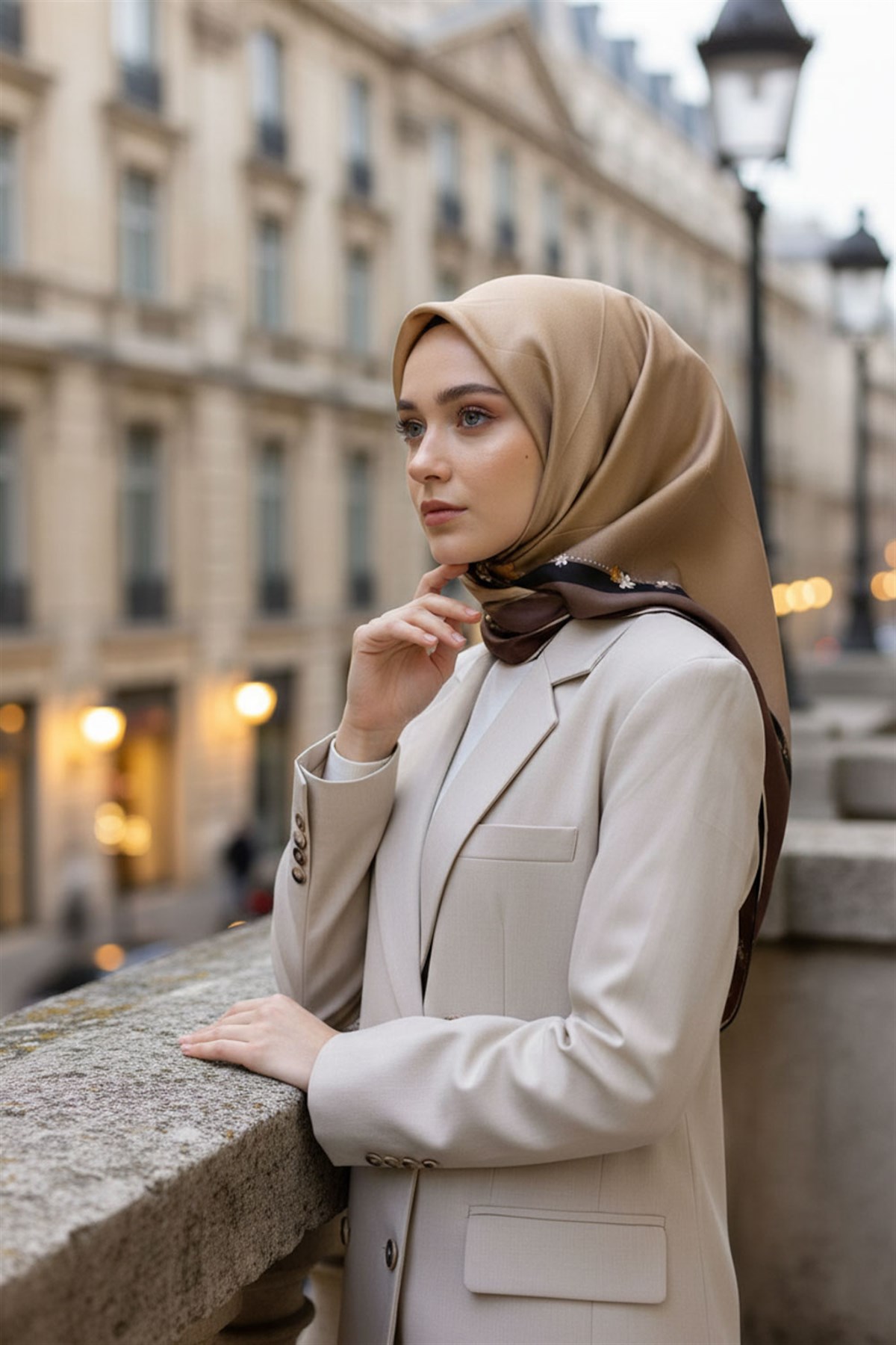 %100 Twill İpek Kenar Motifi Çiçek Desenli Bej - Siyah Renkli 90x90 Eşarp Dikim Şekli : El Dikişi