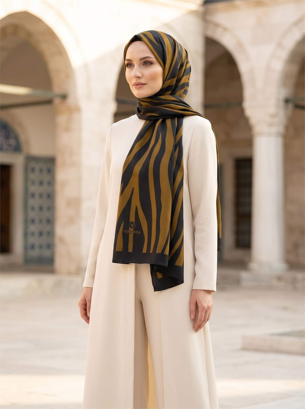 Kırışmaz Krep Şal Zebra Desenli Siyah Hardal 75x190 cm – Kolay Şekil Alan