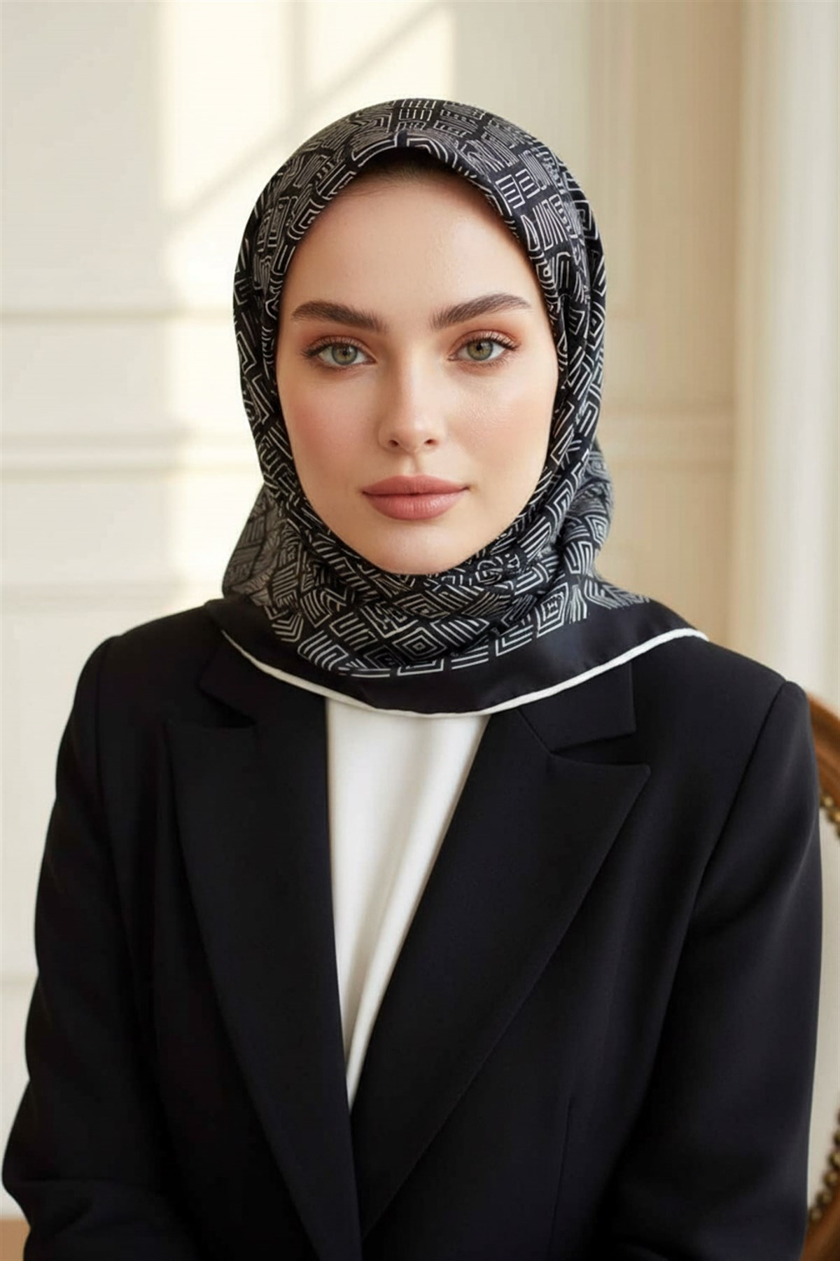 100% Twill İpek Etnik Motif Desenli Siyah - Krem Renkli 90x90 Dikim Şekli : El Dikişi Eşarp