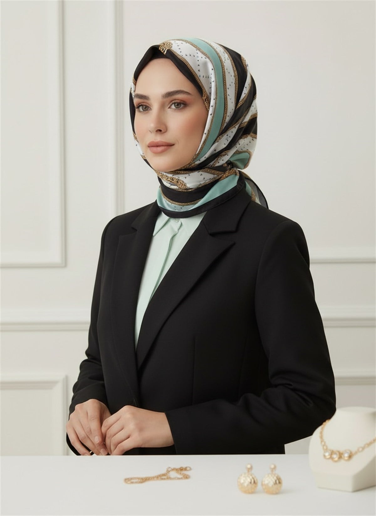 100% İPEK KEMER DESENLİ SU YEŞİLİ - SİYAH RENKLİ ŞAL