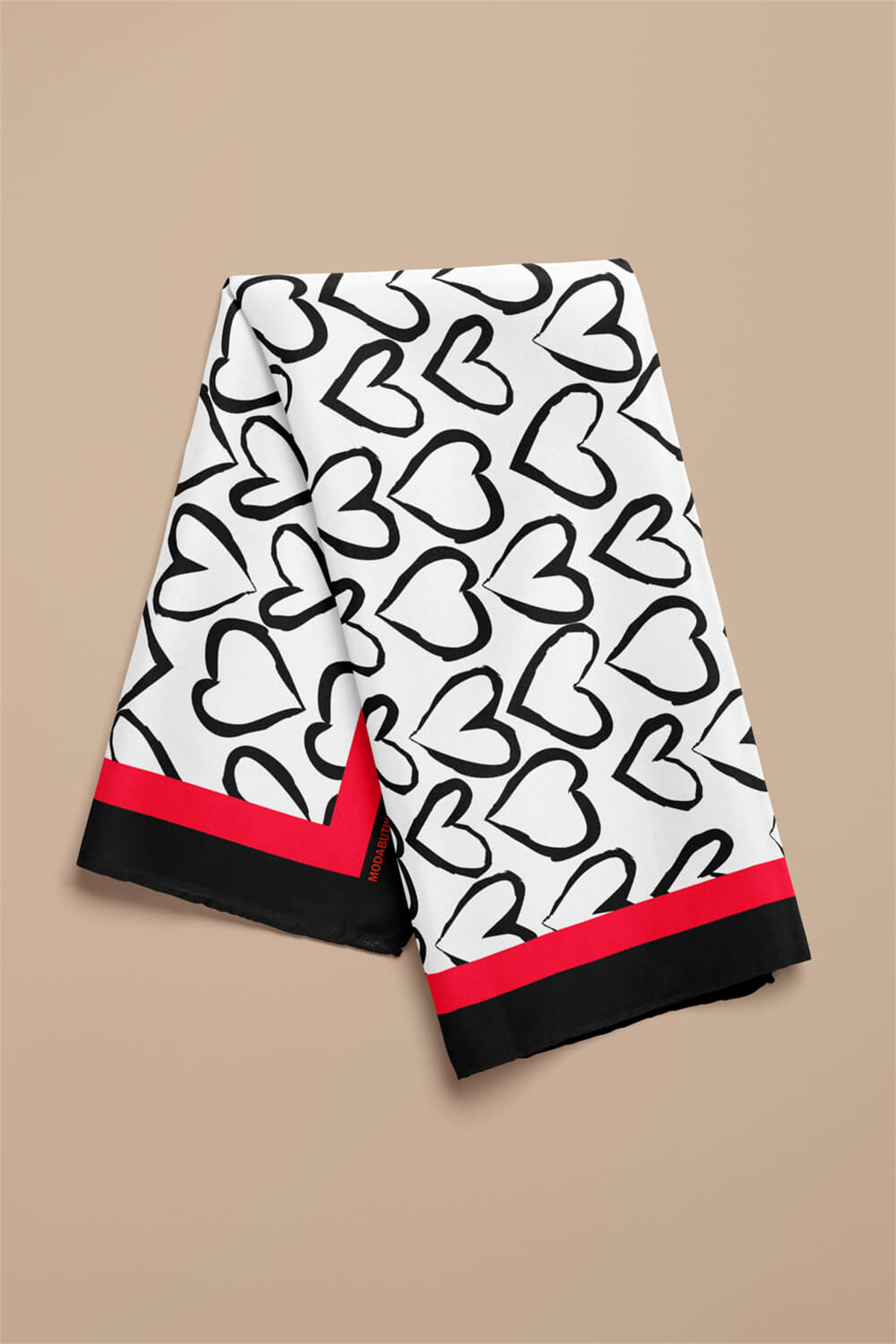 B57 Kadın Kırmızı Beyaz Sİyah Heart Desenli 50x50 Bandana