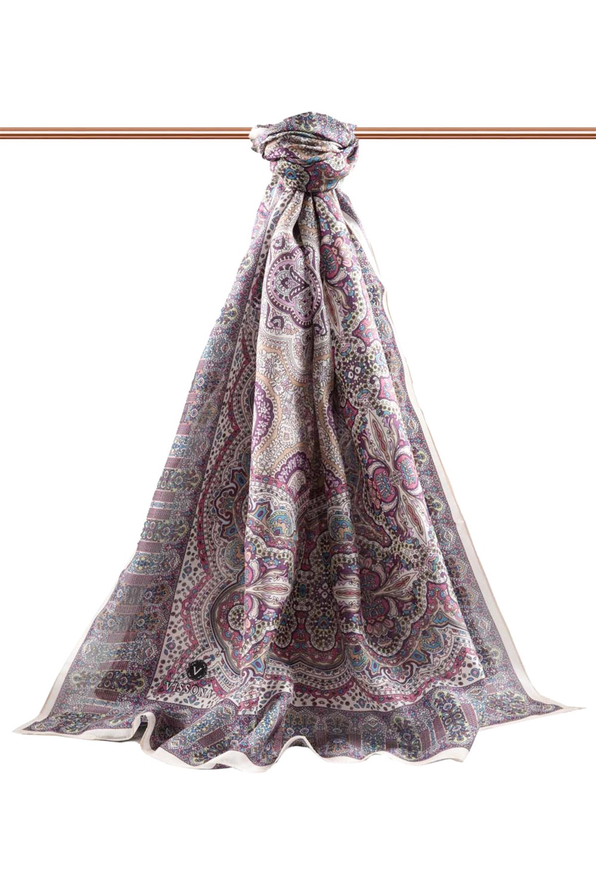 100% İpek Etnik Desenli Krem - Gül Kurusu Renkli 92x210 Şal