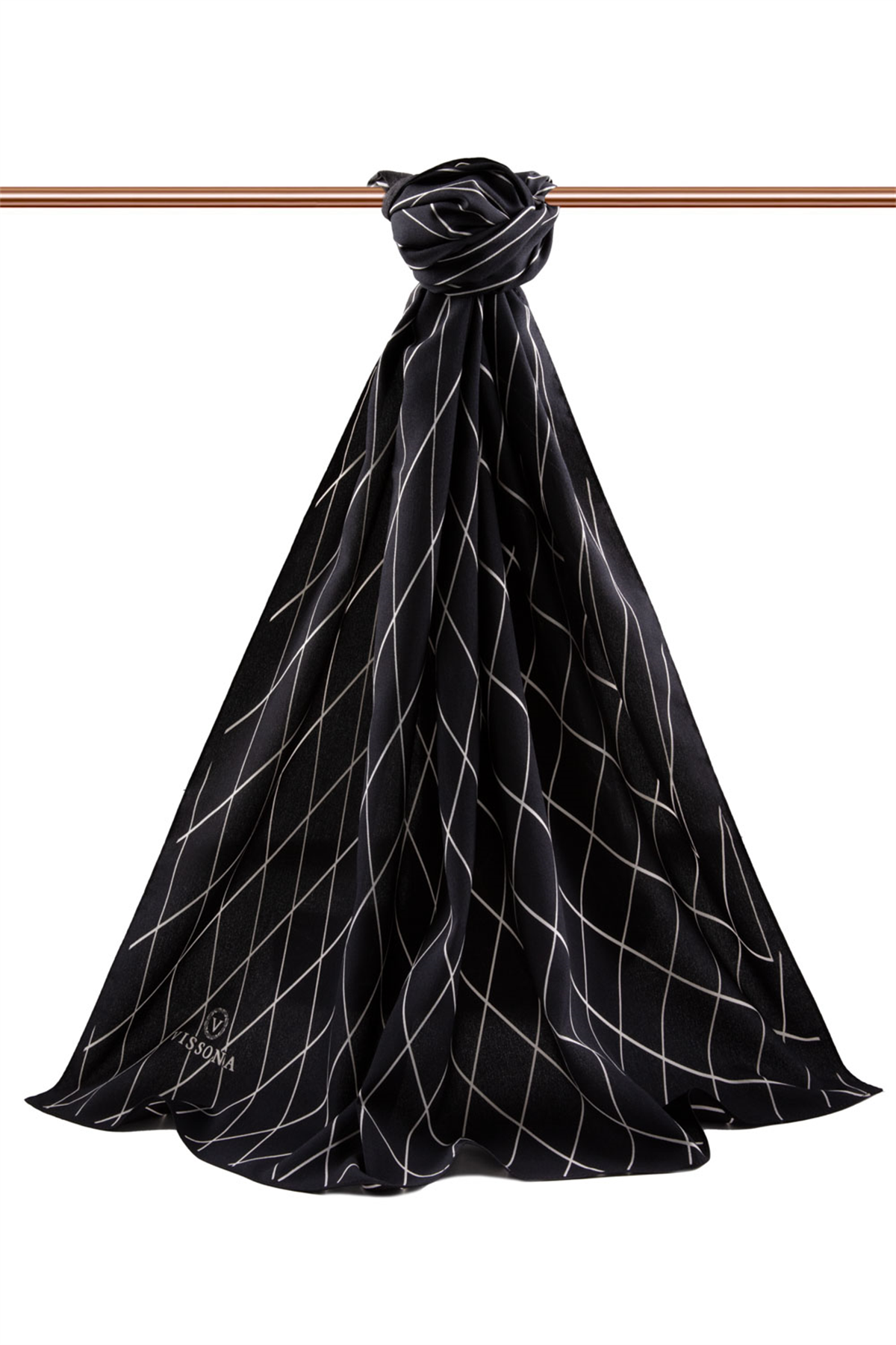 LÜKS MEDİNE İPEĞİ GEOMETRİK DESENLİ SİYAH RENKLİ 75X195 KIRIŞMAZ ŞAL MOSS KREP DİKİŞ TİPİ İTALYAN DİKİŞLİ