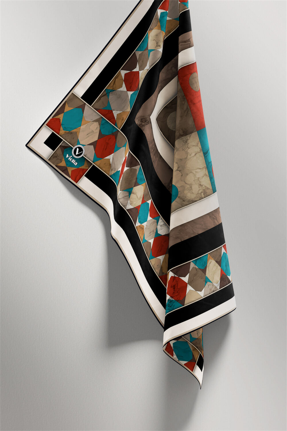 Twill Geometrik Mermer Desenli Siyah Renkli 90x90 Eşarp (İpek İçermez) Kenar Dikiş Şekli El Dikişli