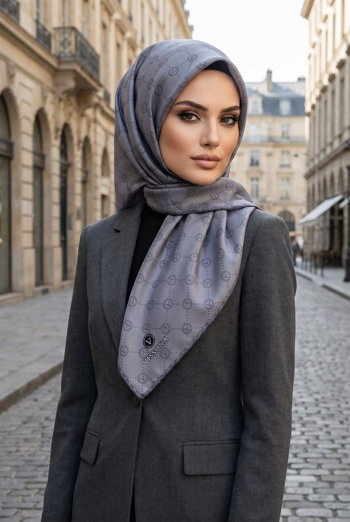 %100 Twill İpek Monogram Desenli Füme Renkli 90x90 Eşarp Dikim Şekli : El Dikişi