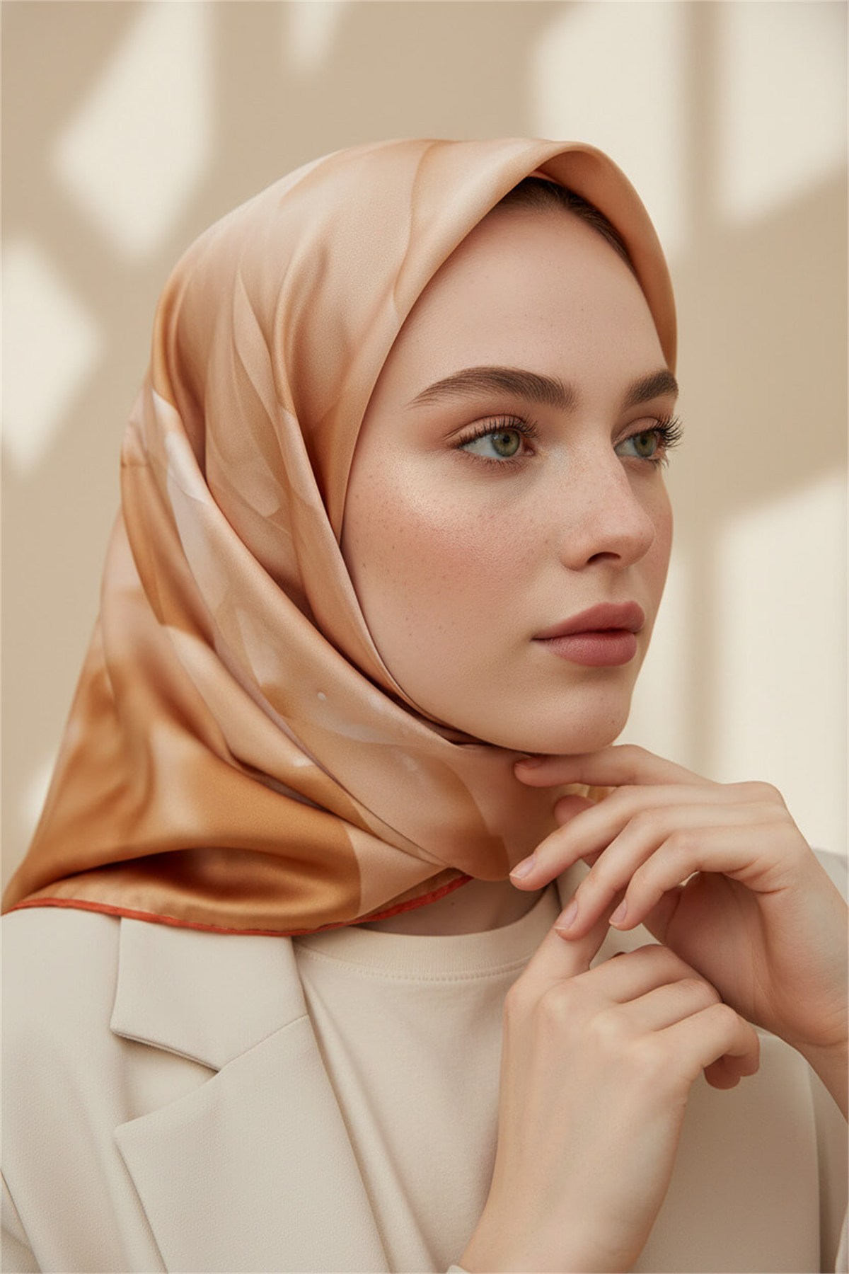 Rayon Büyük Çiçek Desenli Turuncu Renkli 90x90 Eşarp (İpek İçermez) Kenar Dikiş Şekli El Dikişli