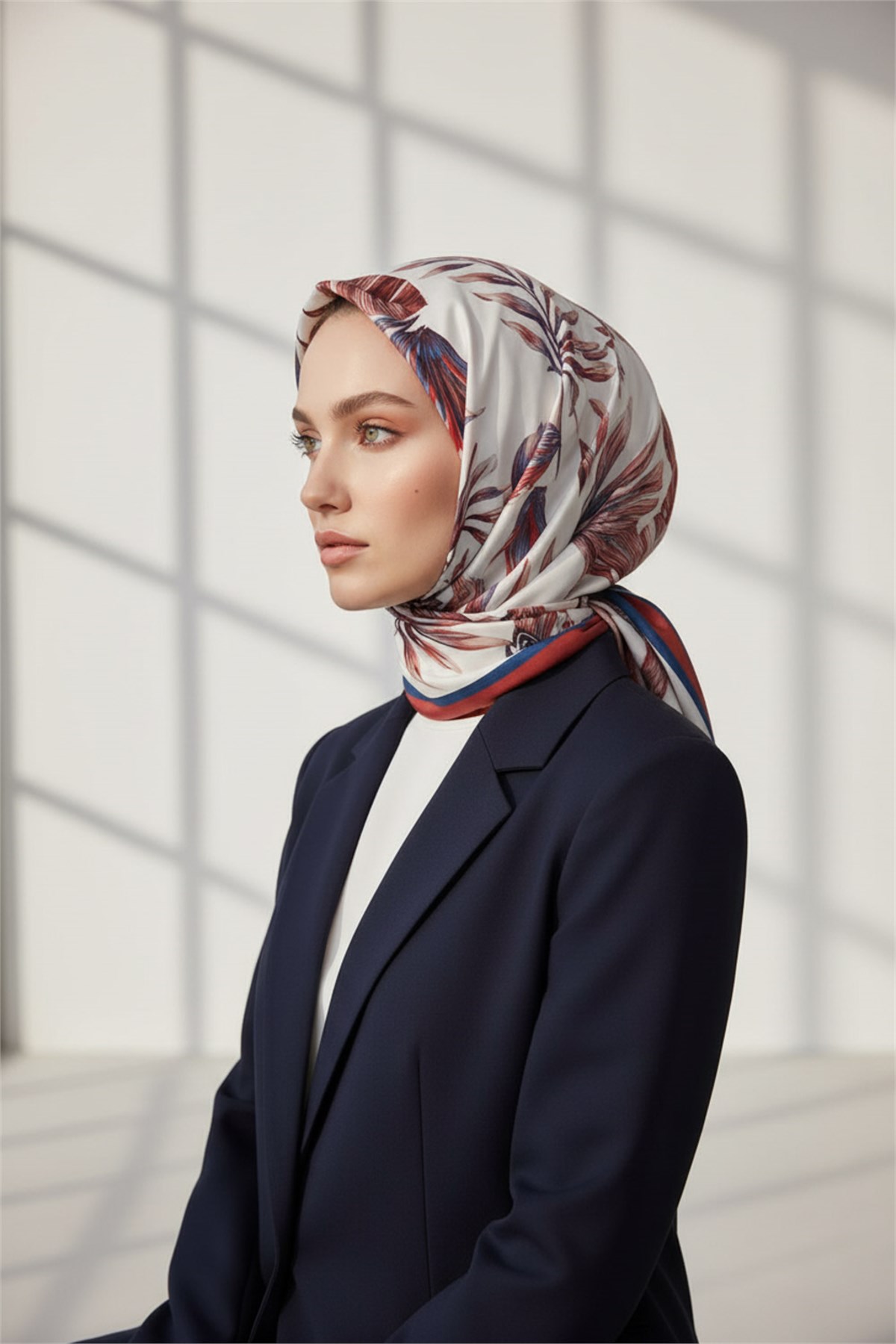 KREP YAPRAK DESENLİ KIRMIZI - İNDİGO RENKLİ 75X195 KIRIŞMAZ ŞAL