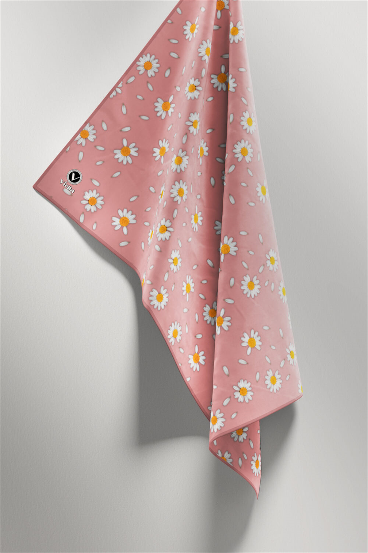 Twill Papatya Desenli Pudra Renkli 90x90 Eşarp (İpek İçermez) Kenar Dikiş Şekli El Dikişli