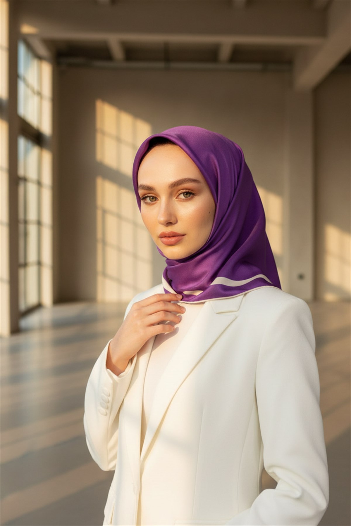 100% Twill İpek Düz Renk Bordür Desenli Mor - Krem Renkli Daha Tok Exclusive Serisi 90x90 Dikim Şekli : El Dikişi Eşarp