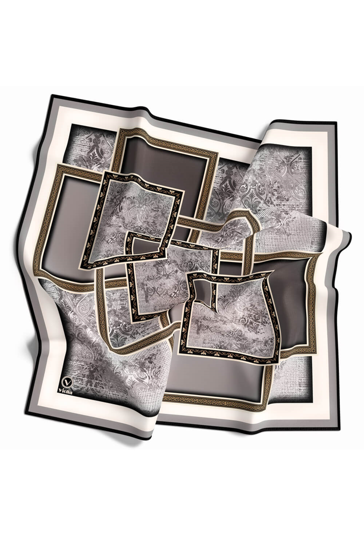 Twill Geometrik Desenli Gri Renkli 90x90 Eşarp (İpek İçermez) Kenar Dikiş Şekli El Dikişli