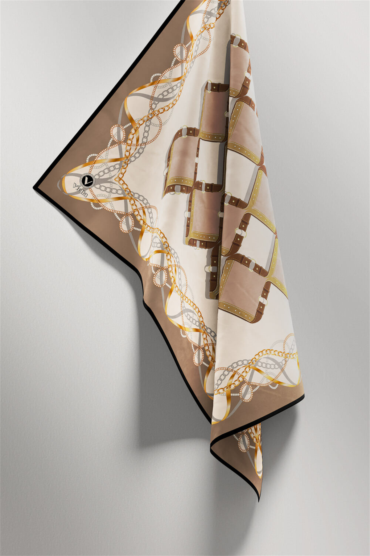 Twill Kemer Ve Zincir Desenli Bej Renkli 90x90 Eşarp (İpek İçermez) Kenar Dikiş Şekli El Dikişli